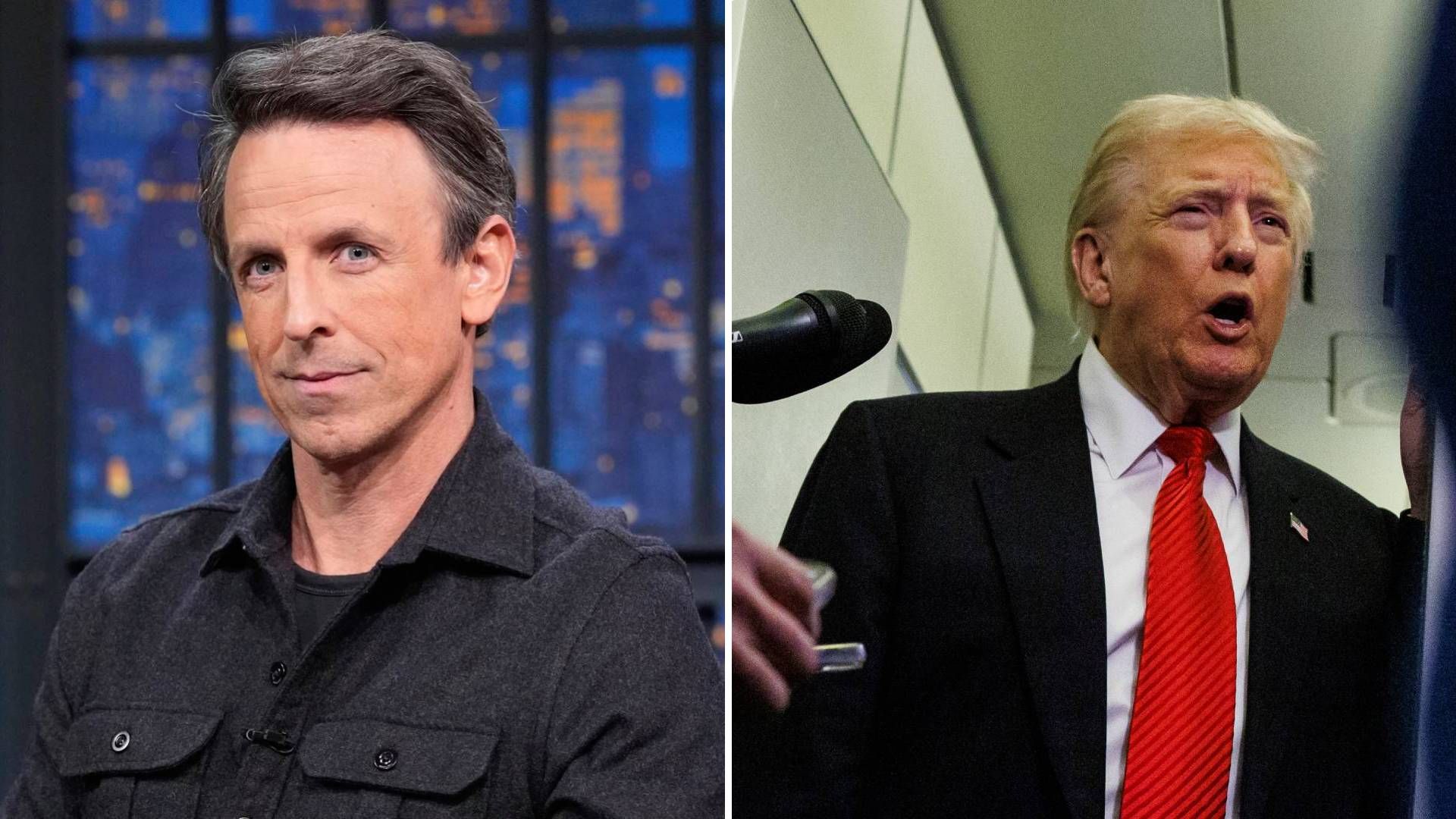 Split image of Seth Meyers and Donald Trump
