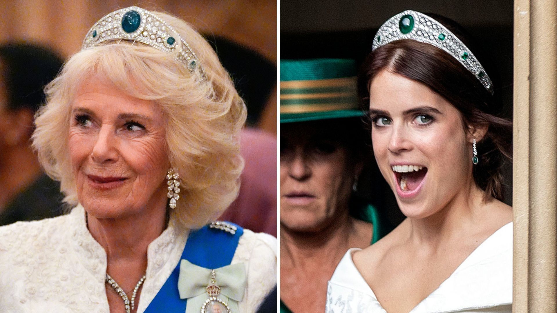 Queen Camilla's faux pas with Princess Eugenie's £10m bridal tiara caught on camera