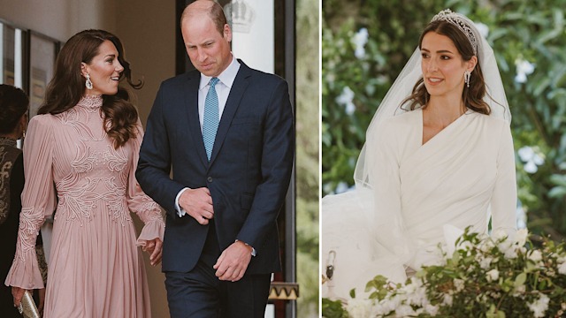 Princess Kate smiling at Prince William and Princess Rajwa on her wedding day