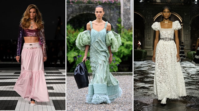 Chanel model wearing sequin crop top and pink maxi skirt, Louis Vuitton model wearing green voluminous gown, Dior model wearing white puff-sleeve lace gown 