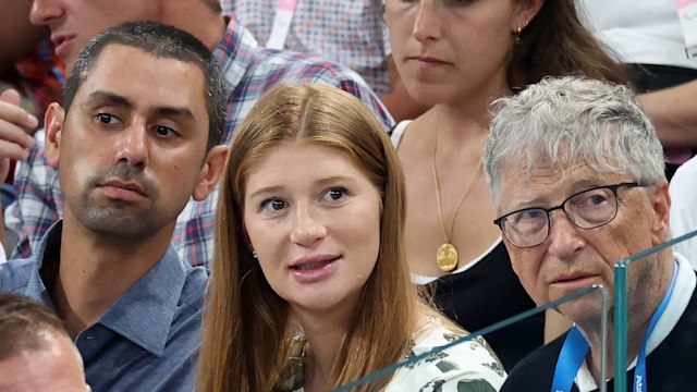 Bill Gates (R), his daughter Jennifer (C), and Nayel Nassar (L) is seen during the Artistic Gymnastics Women's All-Around Final on day six of the Olympic Games Paris 2024 at Bercy Arena on August 01, 2024 in Paris, France.