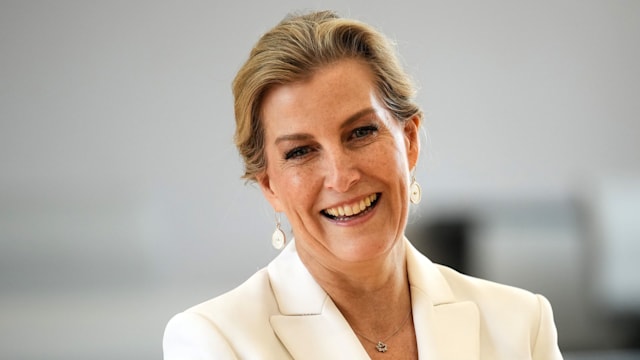 Sophie, Duchess Of Edinburgh smiling in white blazer