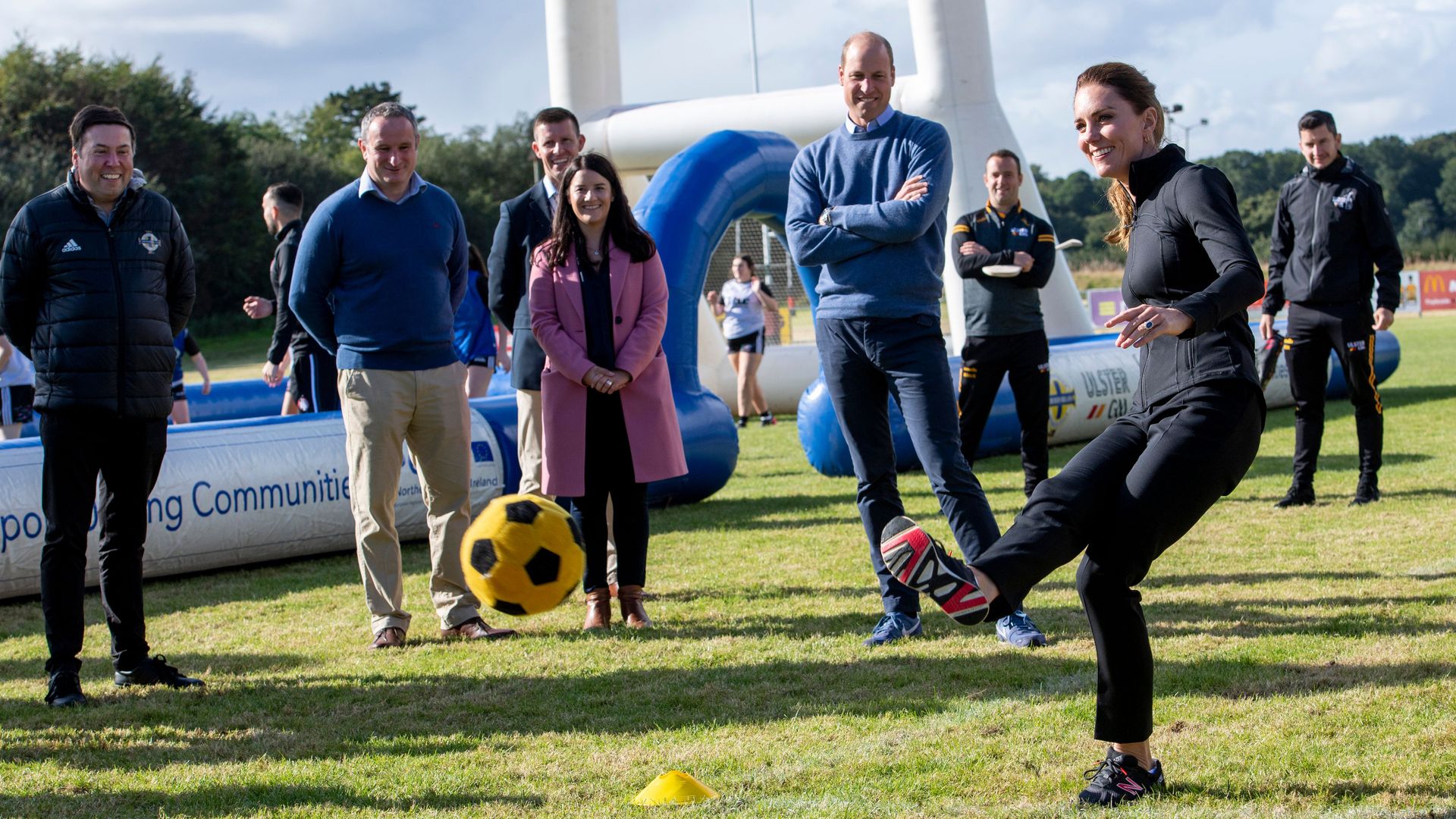 Kate Middleton kicking football in Northern Ireland