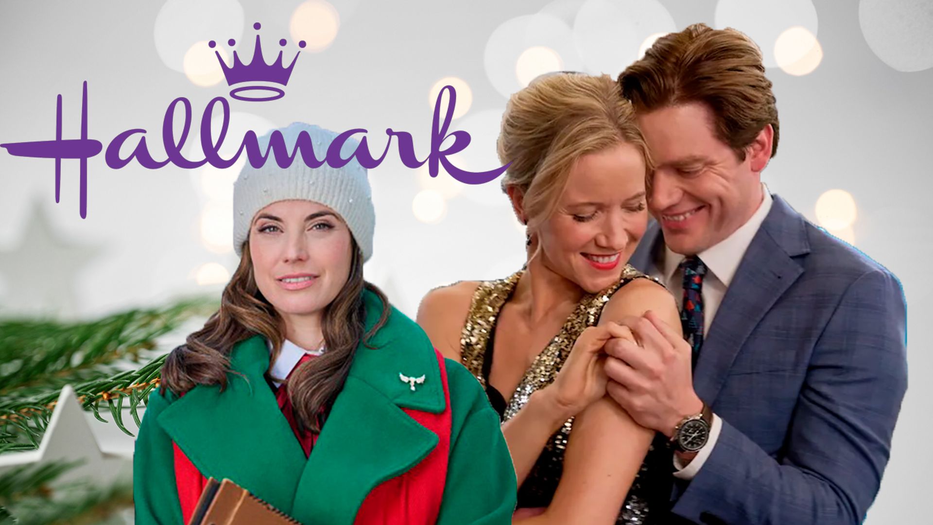 Composite image of two Hallmark images over a Christmas background 