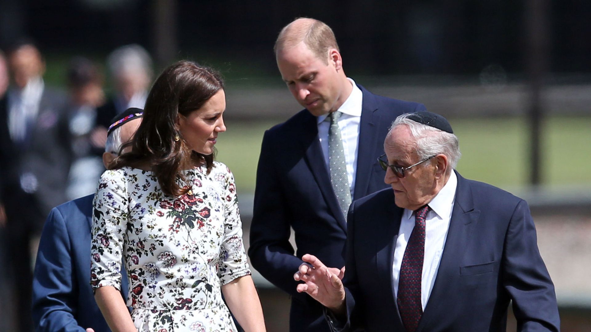 The Duchess of Cambridge with survivor Manfred Goldberg and the Duke of Cambridge with survivor Zigi Shipper during their visit to the former Nazi concentration camp at Stutthof, near Gdansk, on the second day of their three-day tour of Poland.