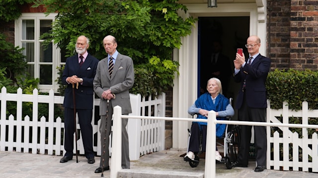  Prince Michael of Kent, Prince Edward, Duke of Kent, Katharine, Duchess of Kent and Lord Nicholas Windsor watch three pipers from the Royal Scots Dragoon Guards