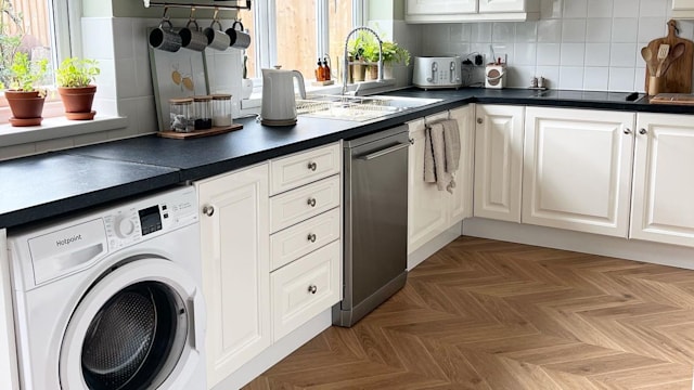 kitchen with chevron flooring