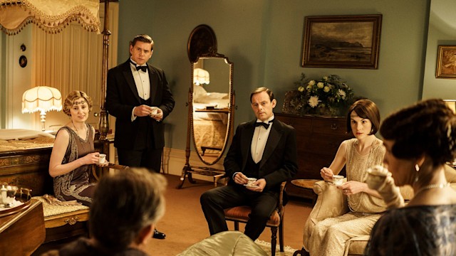 Downton Abbey season six still featuring Laura Carmichael, Allen Leech, Harry Hadden-Paton and Michelle Dockery