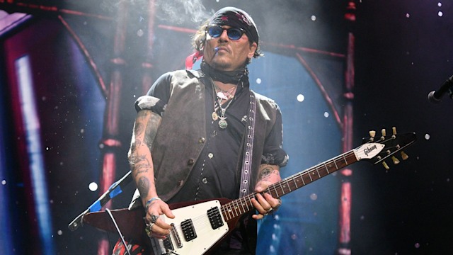 Johnny Depp performs with Alice Cooper during a concert at The O2 Arena on July 25, 2025 in London, England