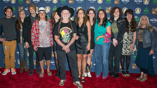 NEW YORK, NY - JUNE 06:  Trevor Nelson, Paula Nelson, Jacob Micah Nelson, Lukas Nelson, Amy Nelson, Willie Nelson, Annie D'Angelo, Raelyn Nelson, Rachel Fowler, Dean Hubbard, Martha Fowler, and Lana Nelson attend Hard Rock International's Wille Nelson Artist Spotlight Benefit Concert at Hard Rock Cafe, Times Square on June 6, 2013 in New York City.  (Photo by Mike Pont/Getty Images)