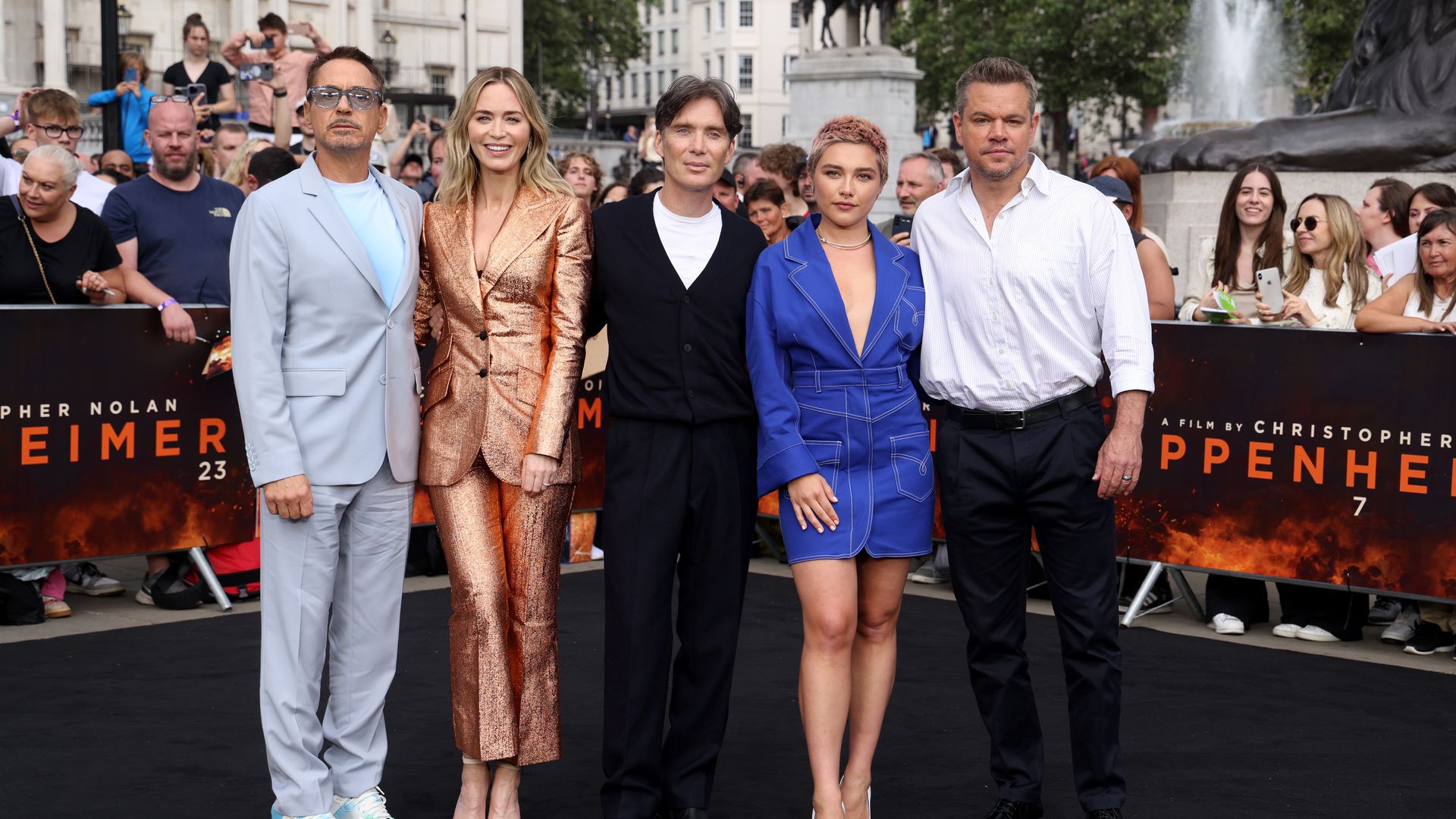 Robert Downey Jr., Christopher Nolan, Emily Blunt, Cillian Murphy, Florence Pugh and Matt Damon attend the London Photocall for Universal Pictures' "Oppenheimer" at Trafalgar Square on July 12, 2023 in London, England