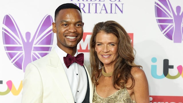 Johannes Radebe and Annabel Croft on red carpet