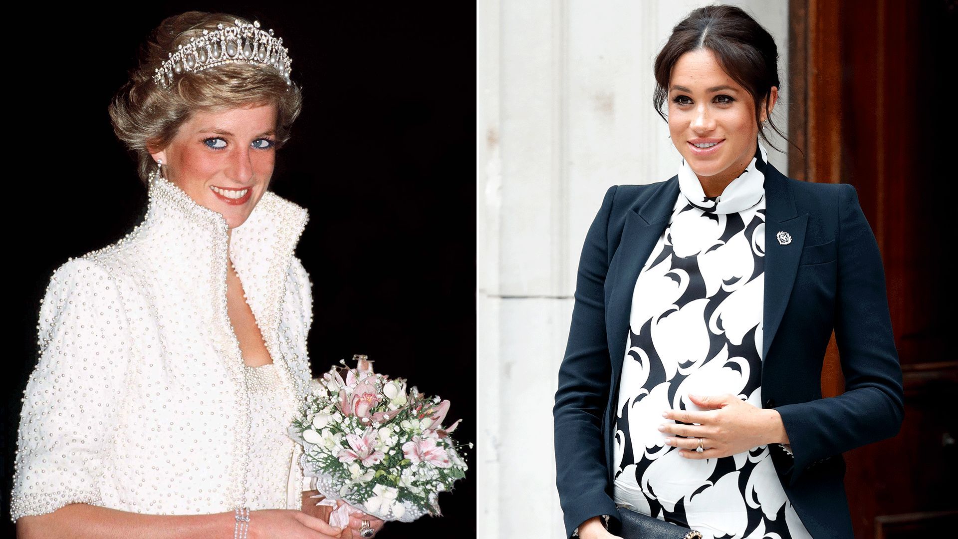 Meghan Markle in black and white beside photo of Princess Diana in white