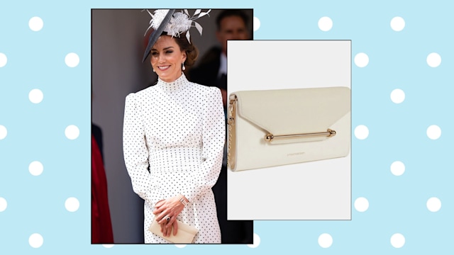 split image kate middleton and strathberry bag 