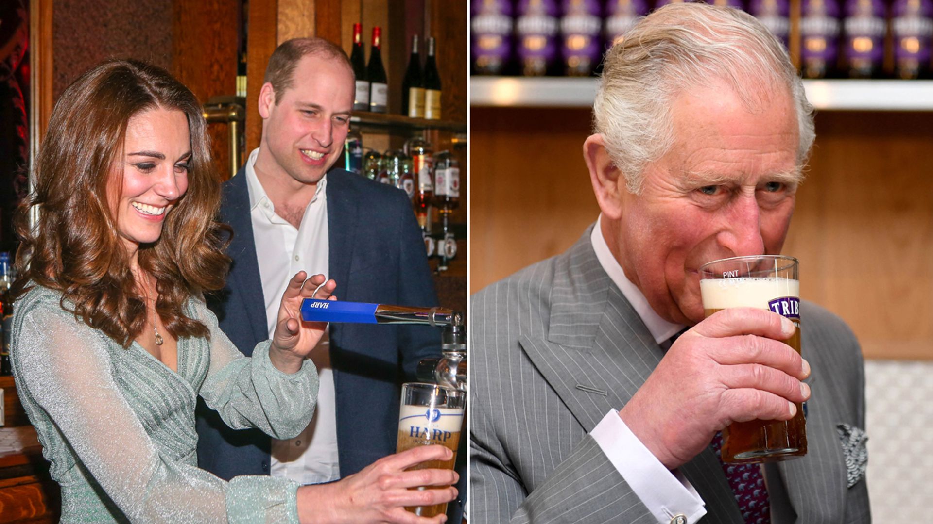 A split image of Kate Middleton and Prince William and King Charles pulling pints and drinking beer 