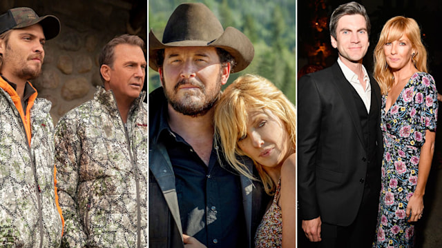 Split image of Luke Grimes and Kevin Costner, Cole hauser and Kelly Reilly, and Wes Bentley and Kelly Reilly