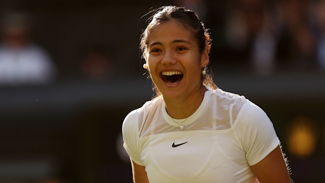 LONDON, ENGLAND - JUNE 27: Emma Raducanu of Great Britain celebrates victory against Alison Van Uytvanck of Belgium in the Women's Singles First Round match during Day One of The Championships Wimbledon 2022 at All England Lawn Tennis and Croquet Club on June 27, 2022 in London, England. (Photo by Julian Finney/Getty Images)