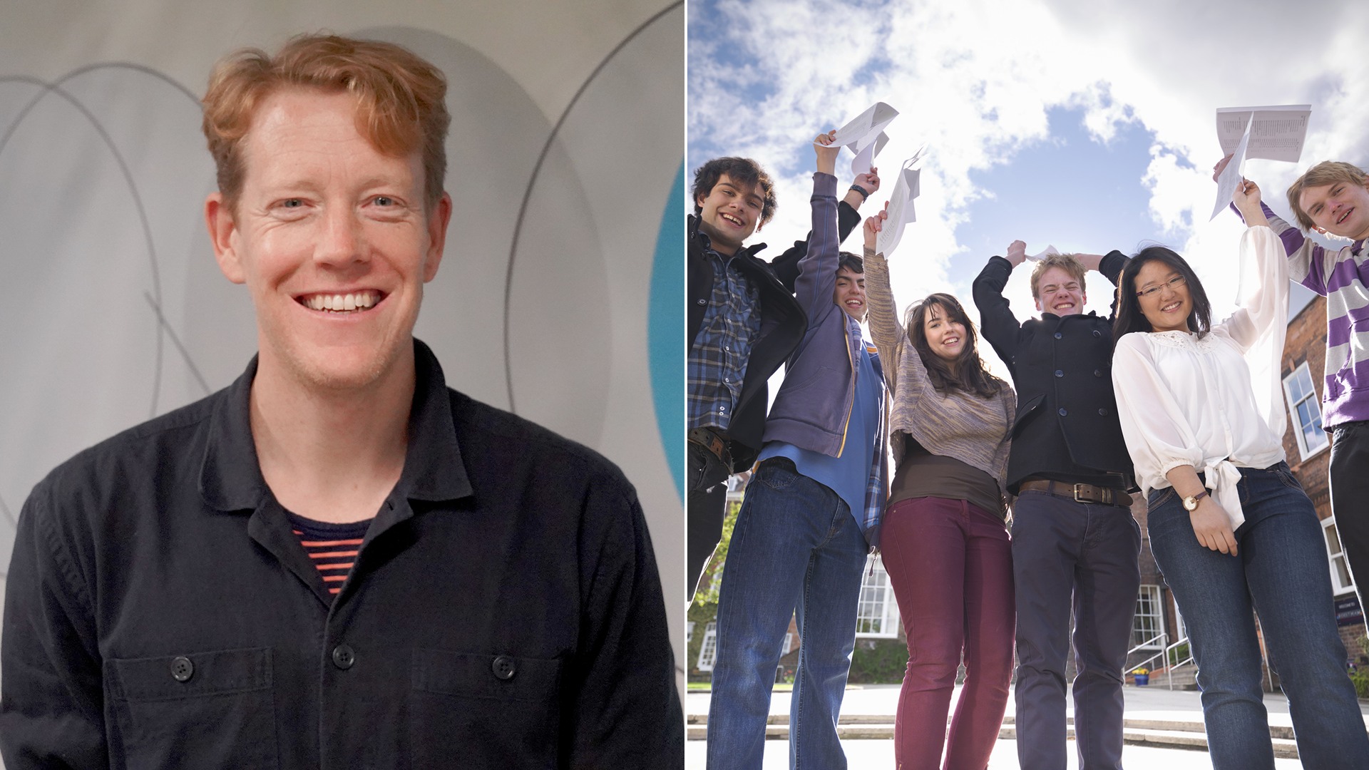 split image showing CEO Ed Fideo and stock image of students holding their results in the air