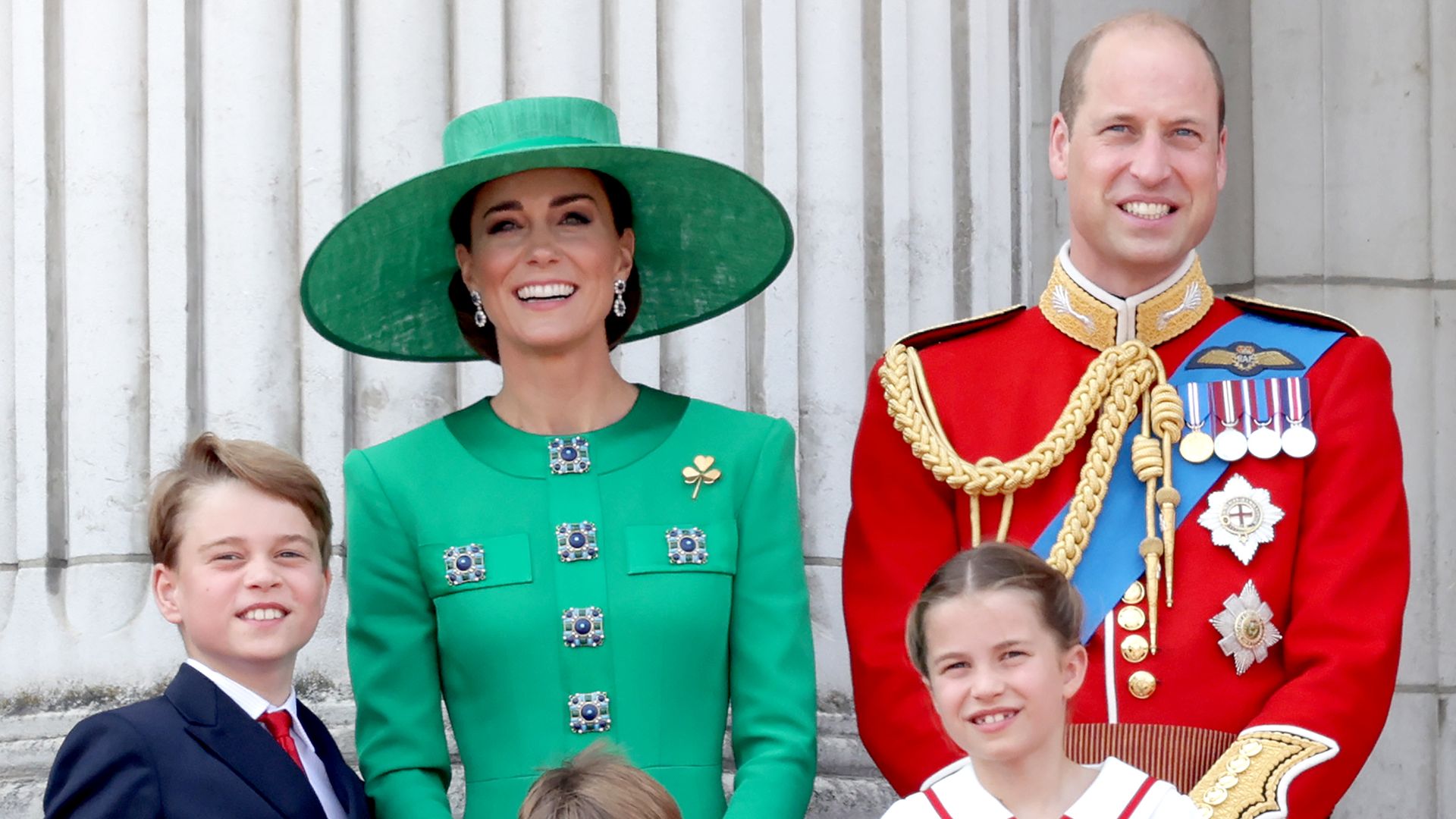 Prince William, Prince of Wales, Prince Louis of Wales, Catherine, Princess of Wales , Princess Charlotte of Wales and Prince George of Wales on the Buckingham Palace balcony during Trooping the Colour on June 17, 2023 in London, England.