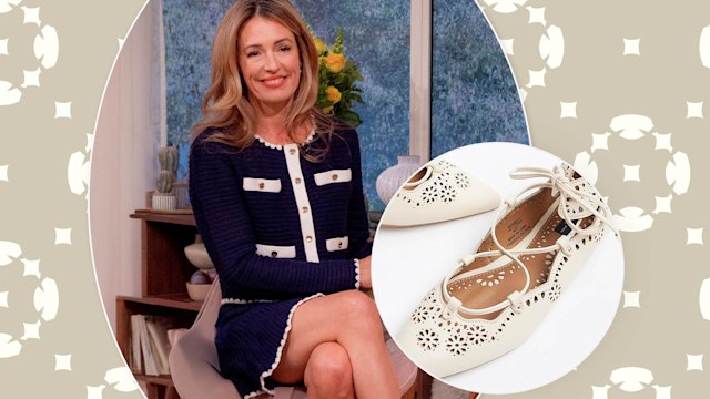 Cat Deeley wearing a navy and white cardigan, matching skirt and river island shoes