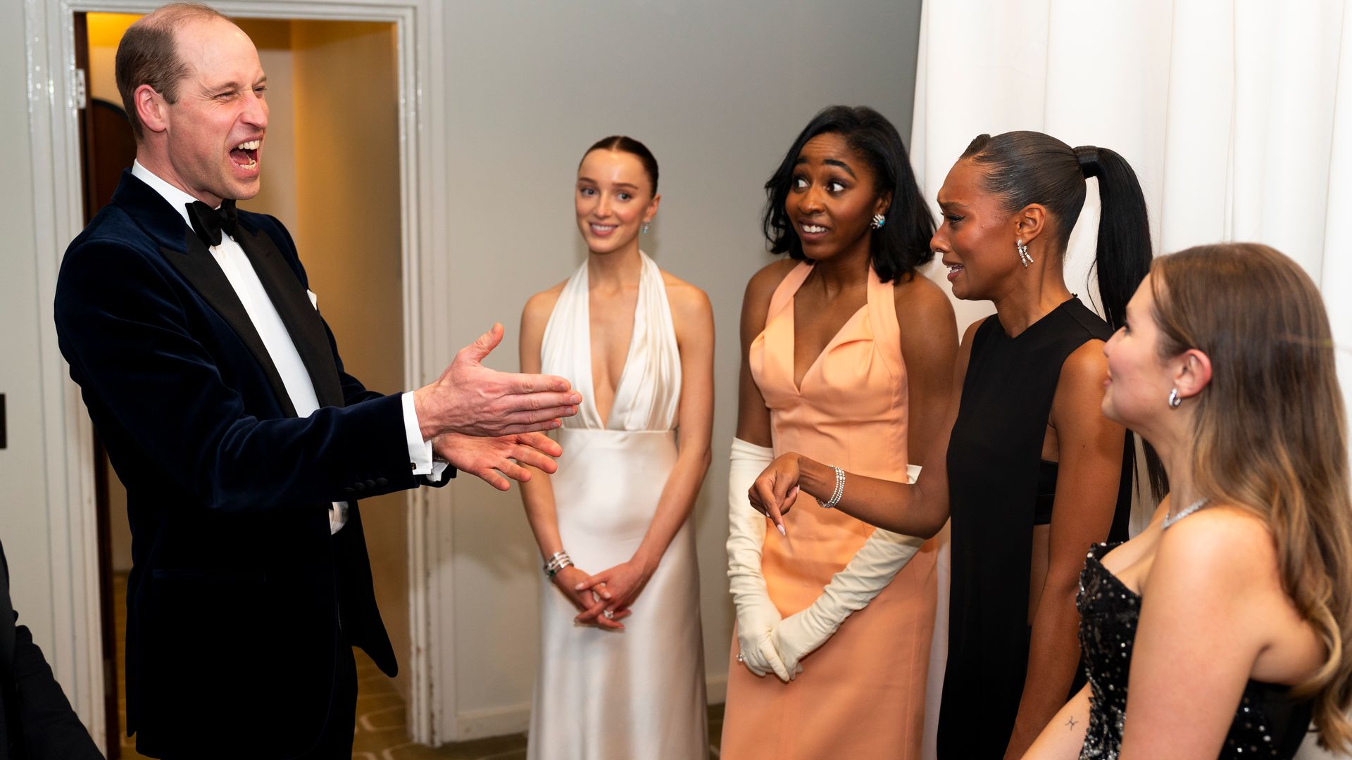 Prince William, Prince of Wales, president of Bafta meets  EE Rising Stars Phoebe Dynevor, Ayo Edebiri, Sophie Wilde and Mia McKenna Bruce  after the Bafta Film Awards 2024 at the Royal Festival Hall