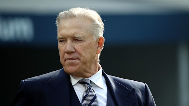 John Elway of the Denver Broncos looks on during warm ups prior to the game between the Los Angeles Chargers and the Denver Broncos at SoFi Stadium on January 02, 2022 in Inglewood, California