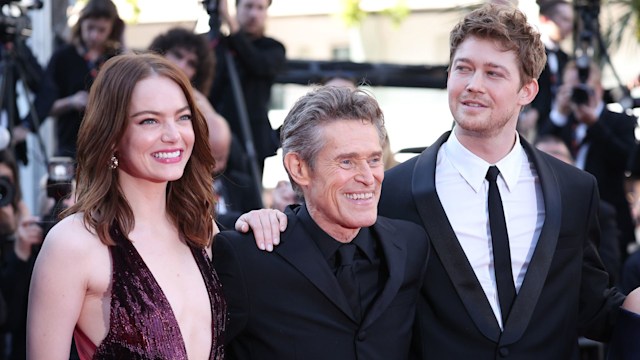 Emma Stone, Willem Dafoe and Joe Alwyn attend the "Kinds Of Kindness" Red Carpet at the 77th annual Cannes Film Festival at Palais des Festivals on May 17, 2024 in Cannes, France. (Photo by Gisela Schober/Getty Images)