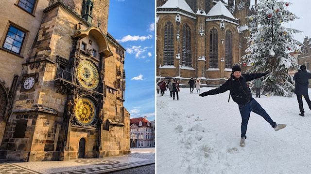 A split image of the Prague astronomical clock and a young man playing in the snow