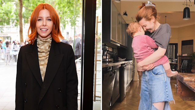 Stacey dooley in black blazer and stacey holding minnie