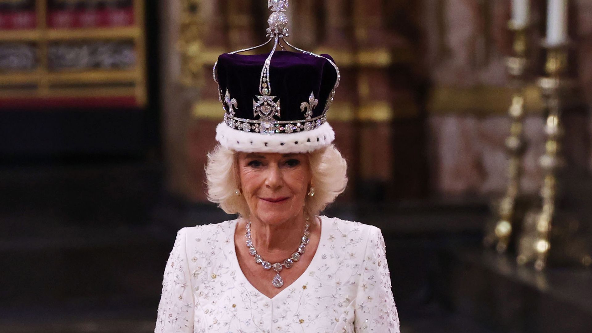 Queen Consort Camilla in a bespoke Bruce Oldfield couture dress at the Coronation