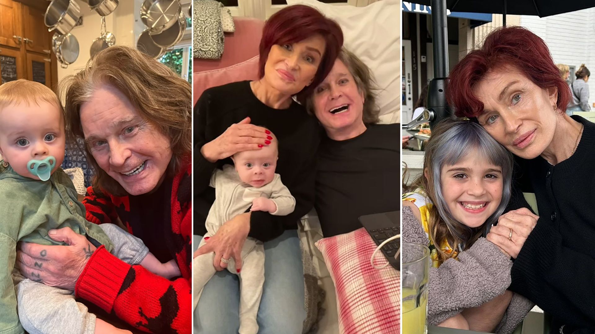 Composite of images of Sharon and Ozzy Osbourne with grandchildren