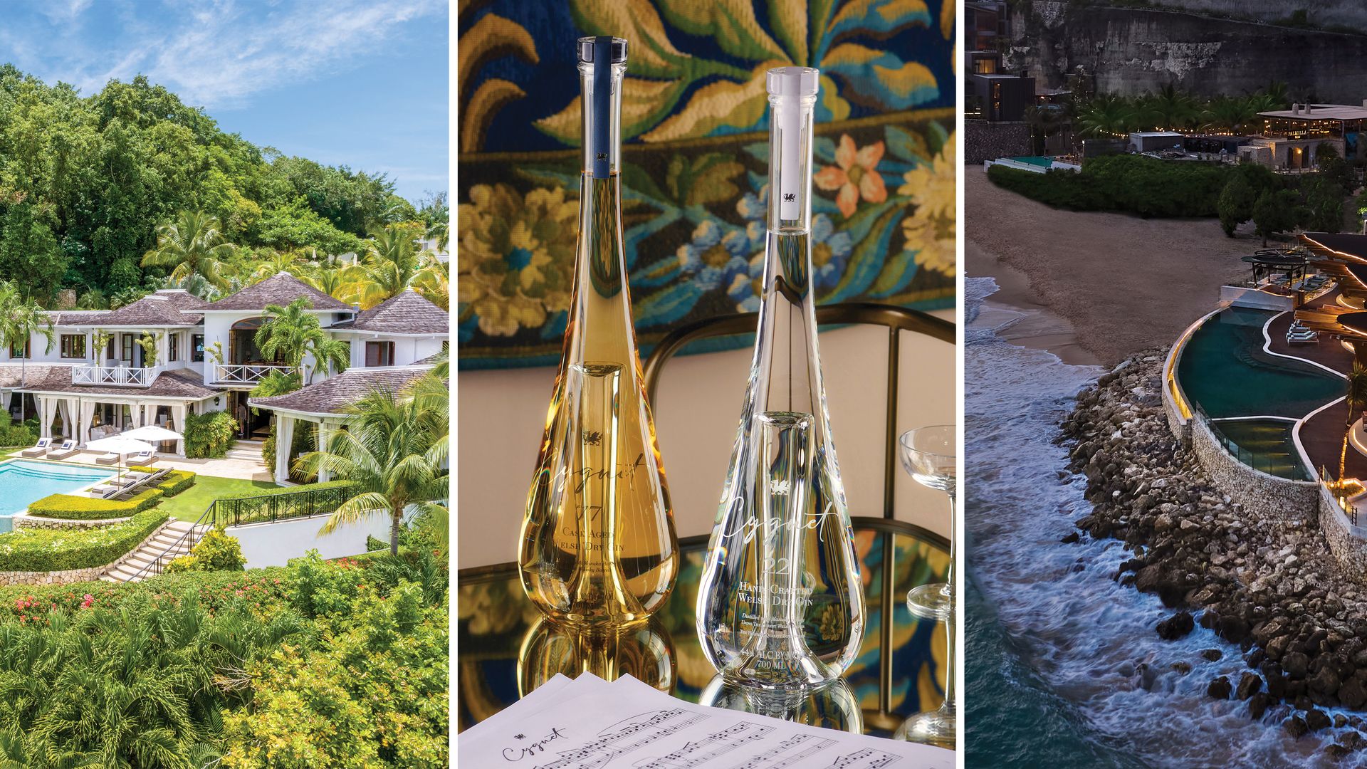 Comp image of villa in the sunshine, Cygnet bottles, and Bali beach house