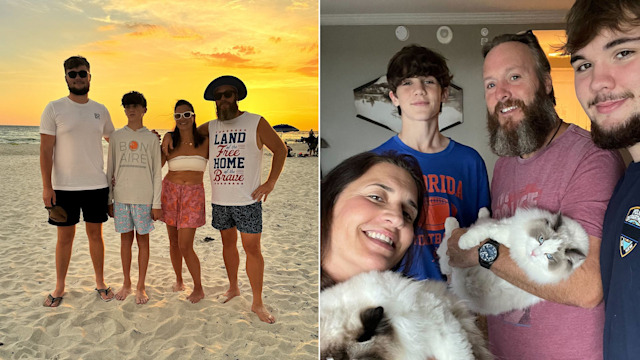 Family on a beach and in a hotel room holding cats