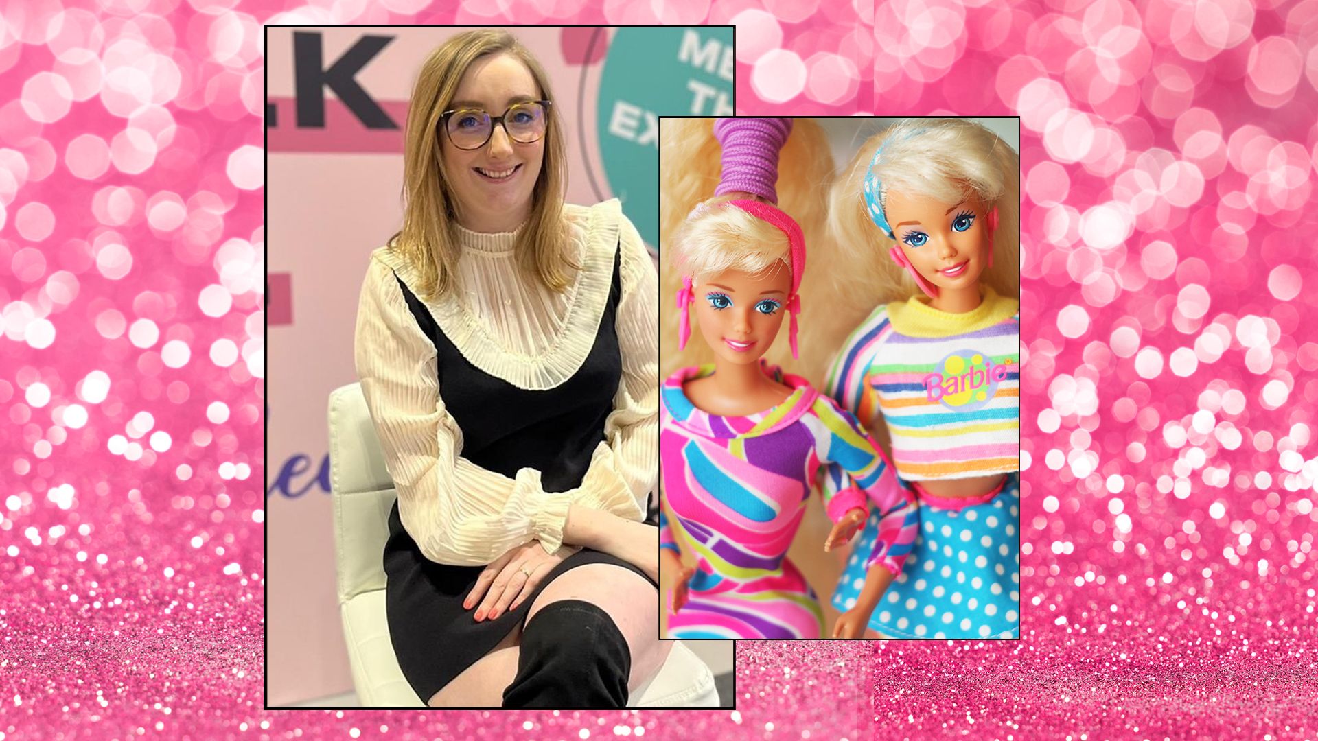 Woman on a pink sparkly background next to Barbie