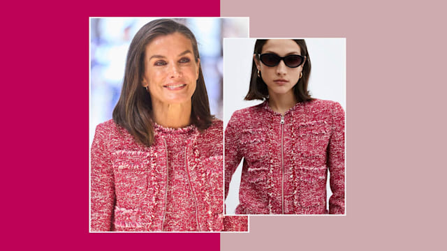 Queen Letizia wearing a Mango jacket as well as the Mango model wearing the jacket with a pair of sunglasses