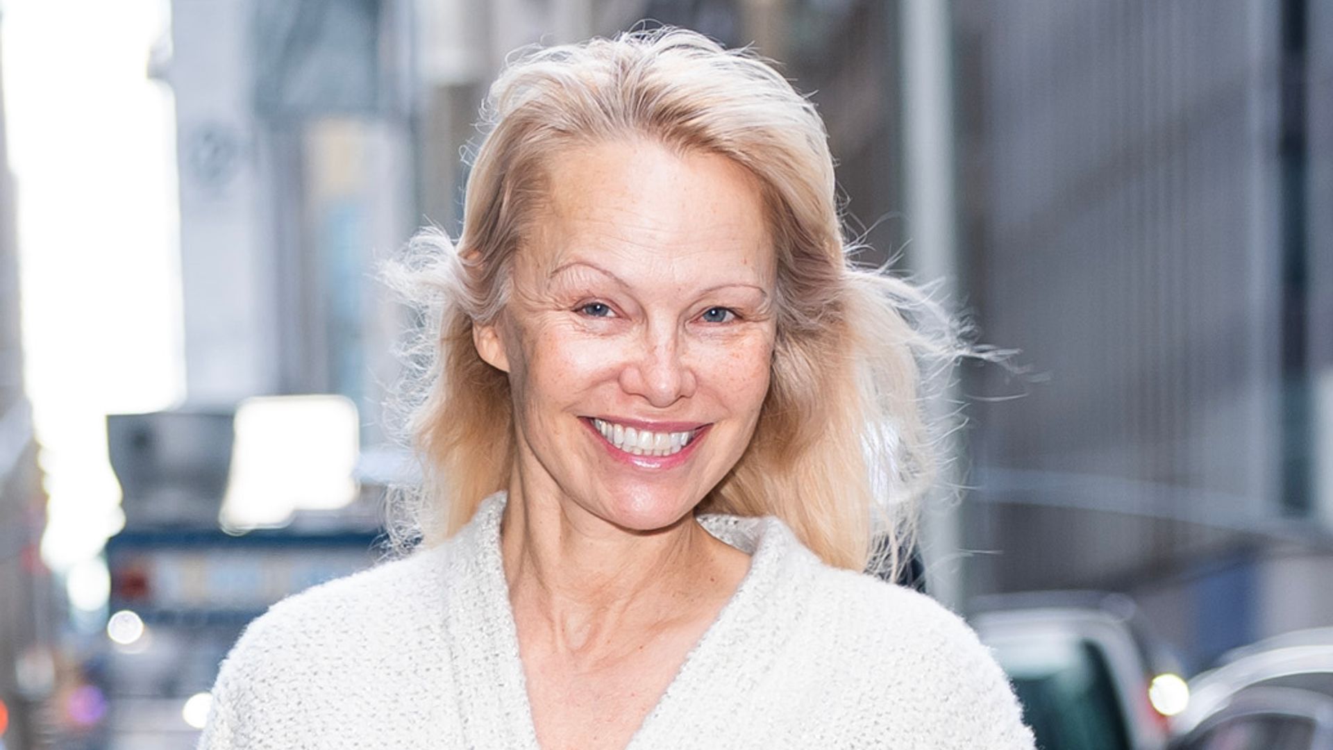 Pamela Anderson is seen wearing Chanel arriving at Si ri sXM in Midtown on January 08, 2025 in New York City