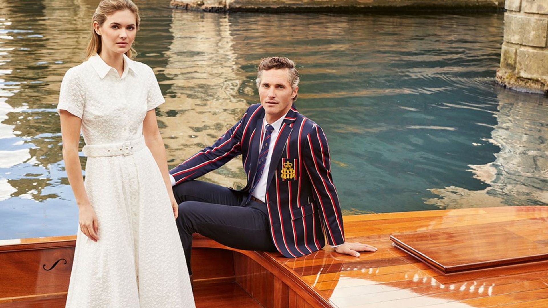 two models pose in outfits for crew clothing's henley regatta collection
