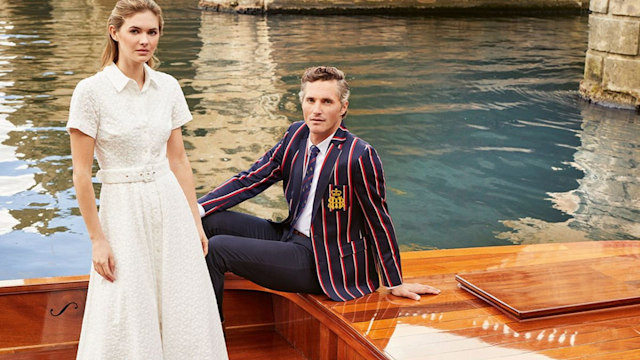 two models pose in outfits for crew clothing's henley regatta collection