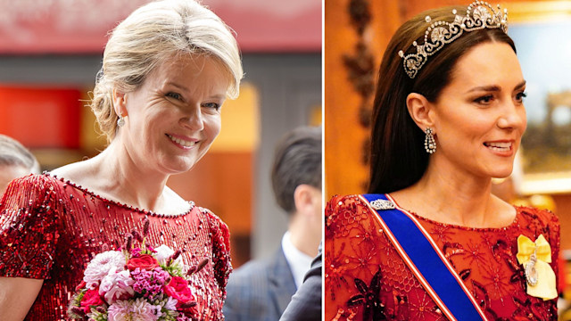 Queen Mathilde and Princess Kate in red sparkly dresses