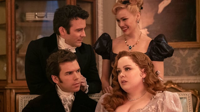 Jonathan Bailey as Anthony Bridgerton, Hannah New as Lady Tilley Arnold, Luke Thompson as Benedict Bridgerton, Nicola Coughlan as Penelope Featherington in Bridgerton