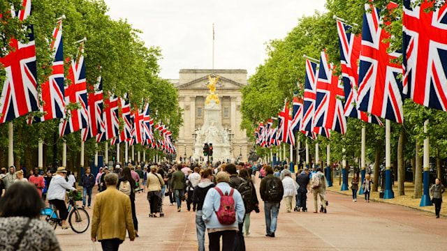 The Mall Road leading to Buckingham Palace adorned with British Flags