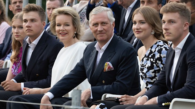 Princess Elenore, Prince Gabriel, queen Mathilde, King Philippe, Princess Elisabeth and Prince Emmanuel at a service