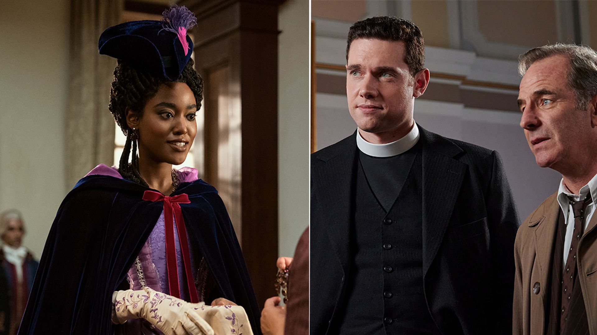 split image, woman in period clothing, two men, one vicar, one detective