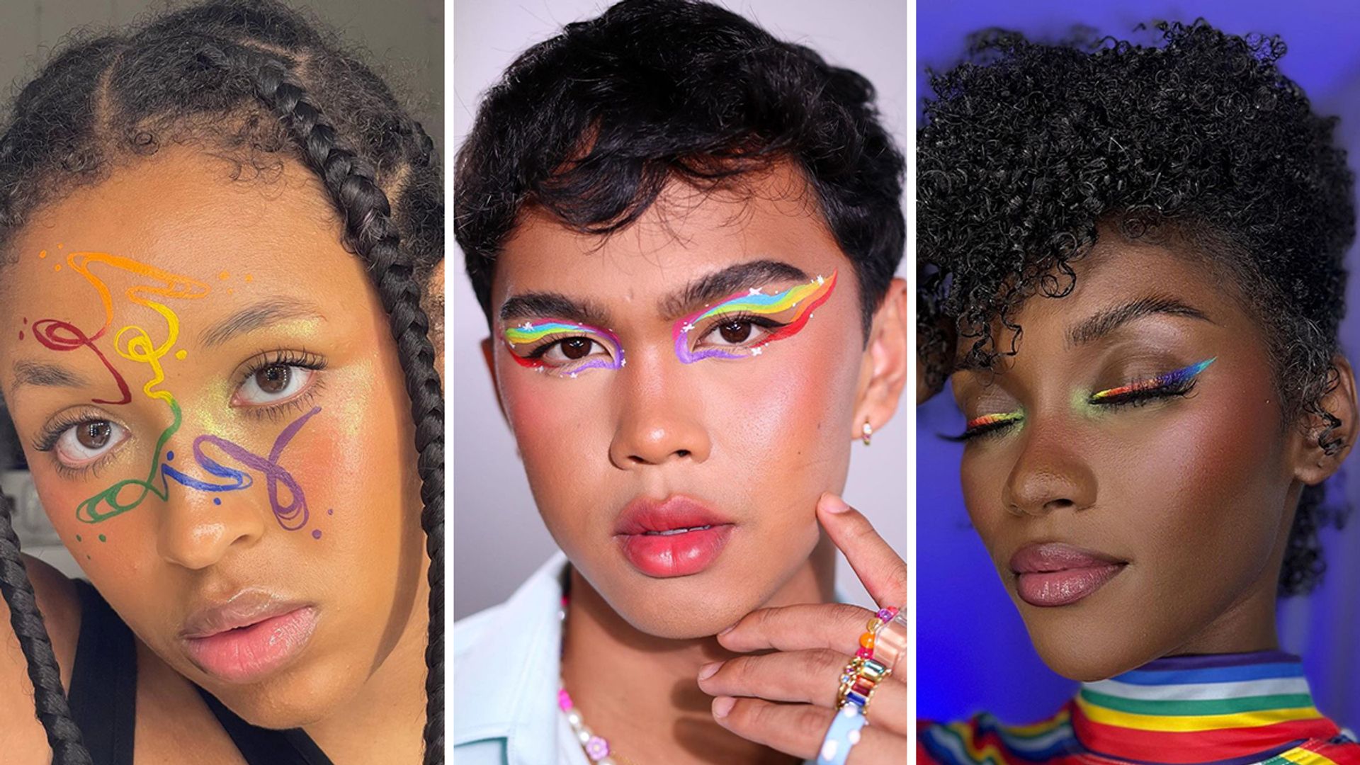 Pride makeup. Look one: rainbow squiggle line work over the centre of the face. Look two: soft rainbow graphic liner. Look three: sharp cat-eye liner. 
