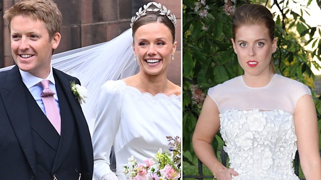 Duke of Westminster and Olivia Henson on their wedding day next to Princess Beatrice in white