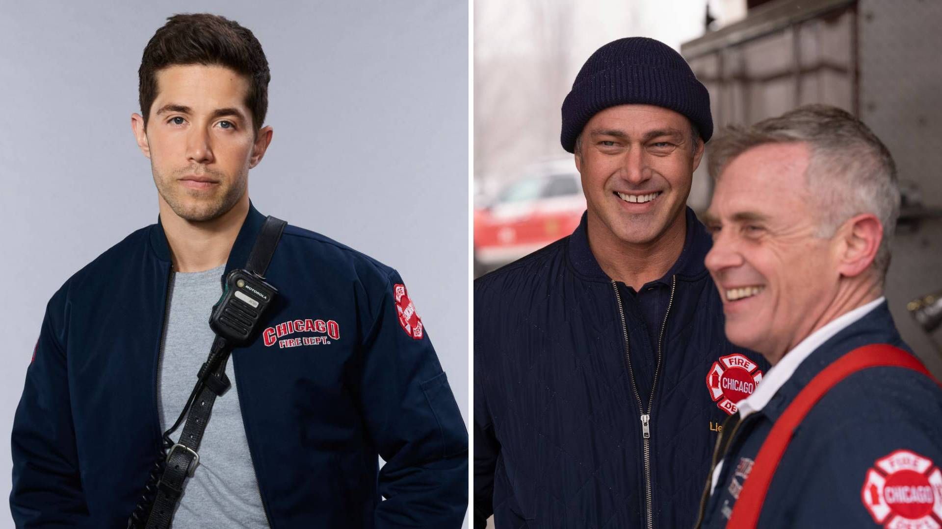 Split image featuring Brandon Larracuente, Taylor Kinney, and David Eigenberg on Chicago Fire
