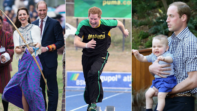 Kate laughing trying archery, Harry running and baby George laughing