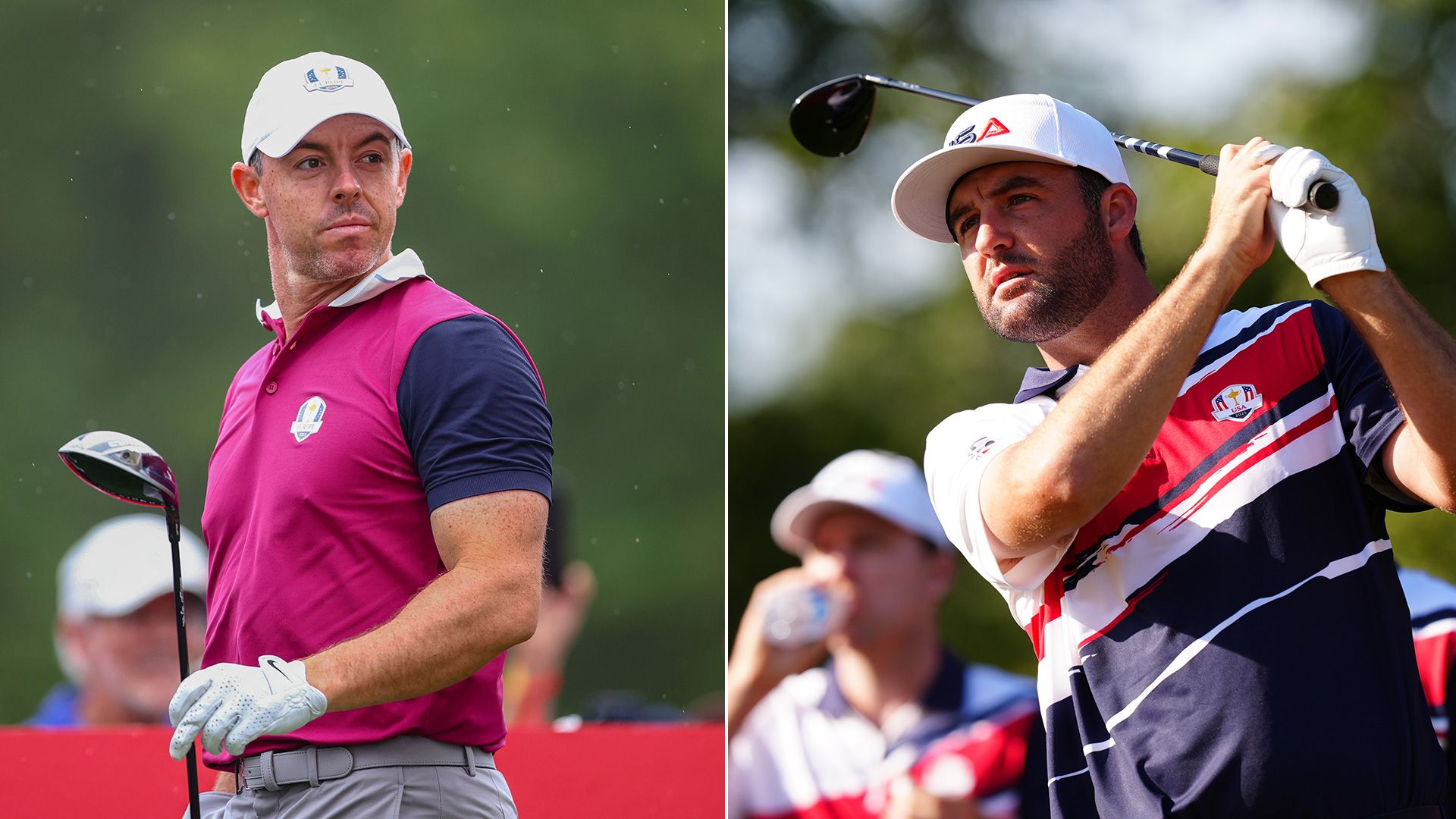 photo composite of rory mcilroy and scottie scheffler at ryder cup