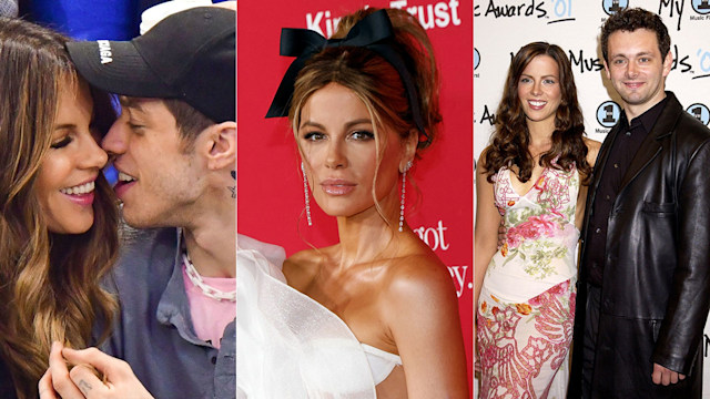 Split image of Kate Beckinsale with Pete Davidson, one of her in a white dress and another in a floral dress alongside Michael Sheen in a leather coat