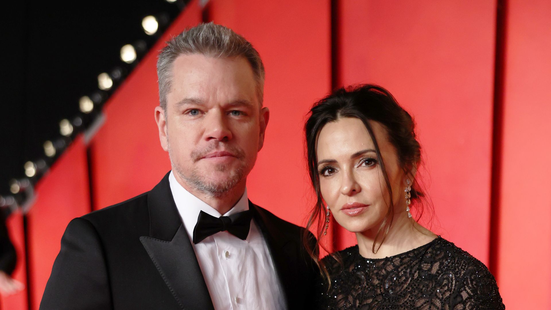 Matt Damon and Luciana Barroso attend the 2024 Vanity Fair Oscar Party Hosted By Radhika Jones at Wallis Annenberg Center for the Performing Arts on March 10, 2024 in Beverly Hills, California.